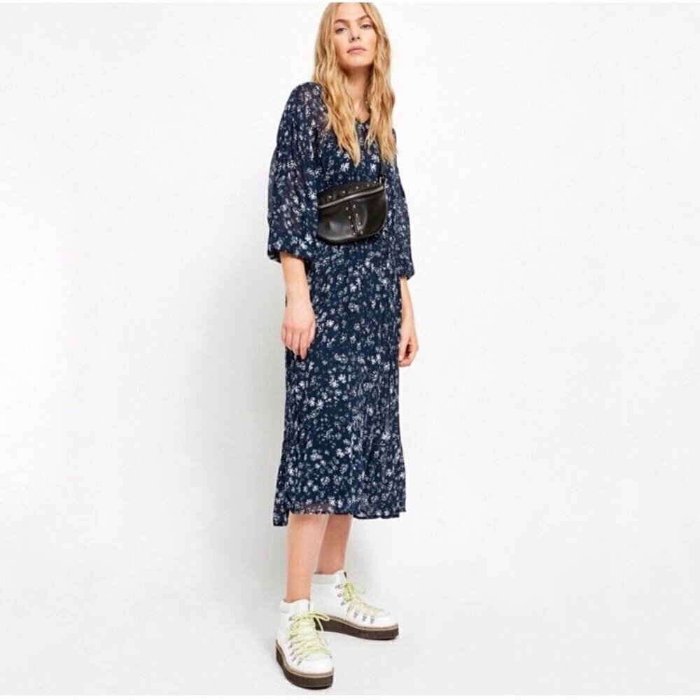 Free People Floral midi Dress Navy Blue White Size XSmall